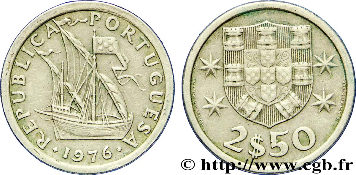 PORTUGAL 2 1/2 Escudos emblème / voilier 1976  TTB+ 