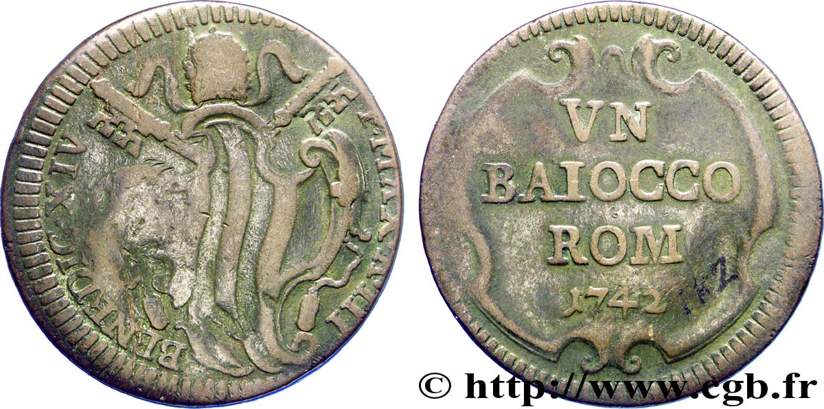 VATICAN ET ÉTATS PONTIFICAUX 1 Baiocco armes du vatican frappée au nom de Benoît XIV an III 1742 Rome TB 