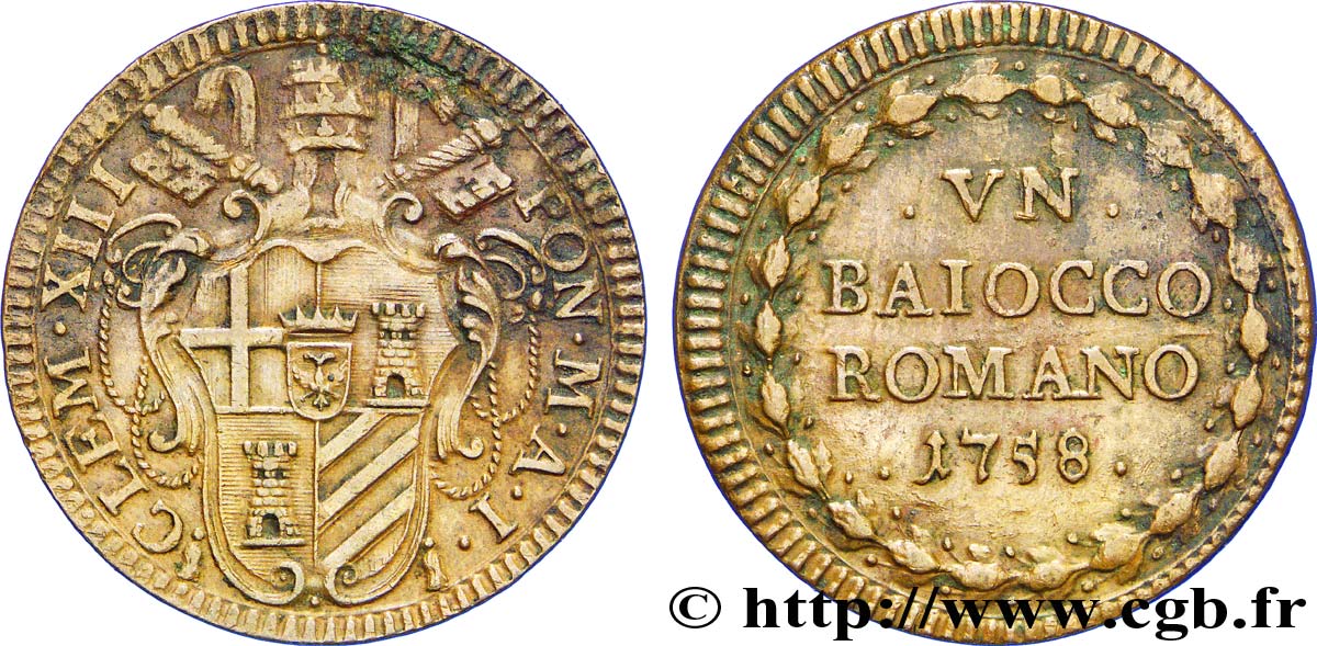 VATICAN ET ÉTATS PONTIFICAUX 1 Baiocco armes du vatican frappée au nom de Clément XIII an I 1758 Rome TTB 