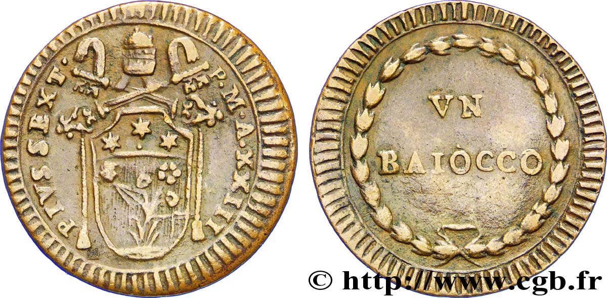 VATICAN ET ÉTATS PONTIFICAUX 1 Baiocco frappe au nom de Pie VI an XXIII 1797 Rome TTB 