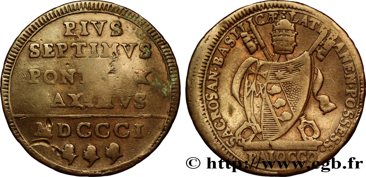 VATICAN ET ÉTATS PONTIFICAUX 1 Baiocco armes du vatican frappé au nom de Pie VII an I 1801 Rome TB+ 