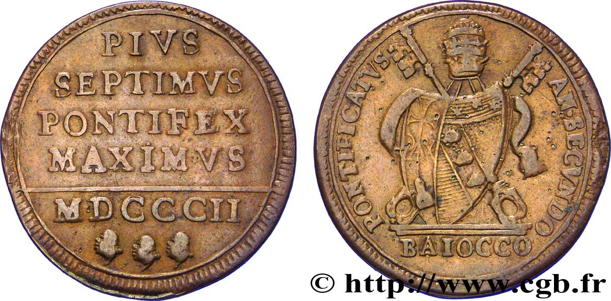 VATICAN ET ÉTATS PONTIFICAUX 1 Baiocco armes du vatican frappé au nom de Pie VII an II 1802 Rome TB+ 