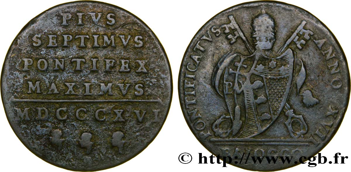 VATICAN ET ÉTATS PONTIFICAUX 1 Baiocco armes du vatican frappé au nom de Pie VII an XVI 1816 Bologne TB 