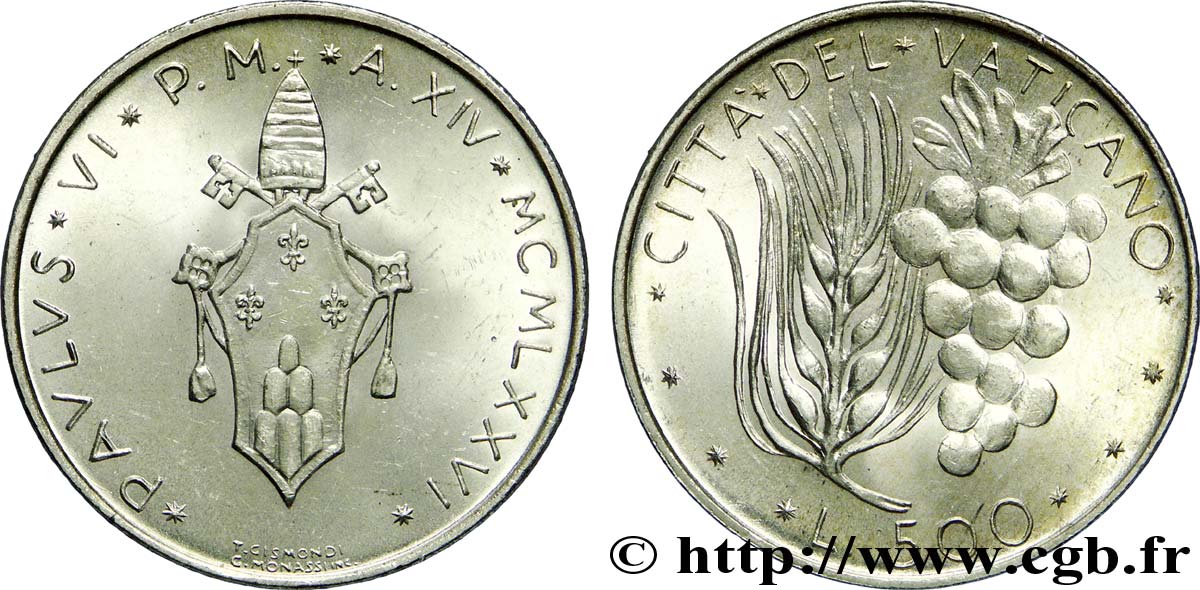 VATICAN ET ÉTATS PONTIFICAUX 500 Lire frappe au nom de Paul VI an XIV / épis et grappe 1976 Rome SPL 