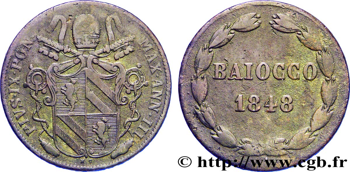 VATICAN ET ÉTATS PONTIFICAUX 1 Baiocco armes du vatican frappé au nom de Pie IX an III 1848 Rome TB 