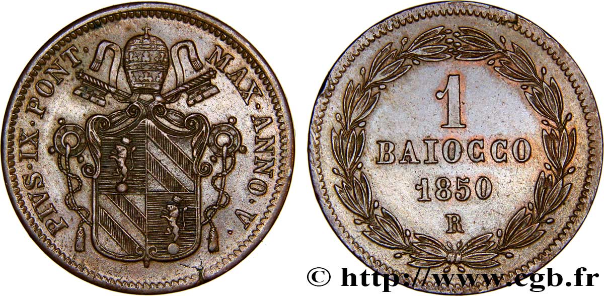 VATICAN ET ÉTATS PONTIFICAUX 1 Baiocco Pie IX an V 1850 Rome TTB+ 