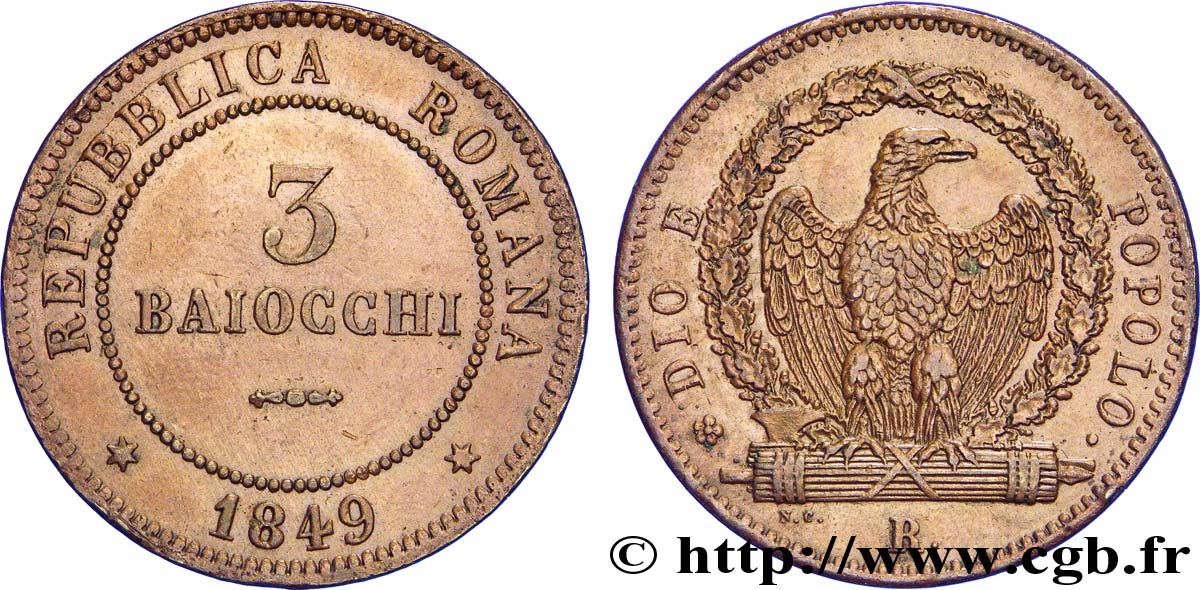 ITALIE - RÉPUBLIQUE ROMAINE 3 Baiocchi République Romaine aigle sur faisceaux type au “3” trapu 1849 Rome - R SUP 