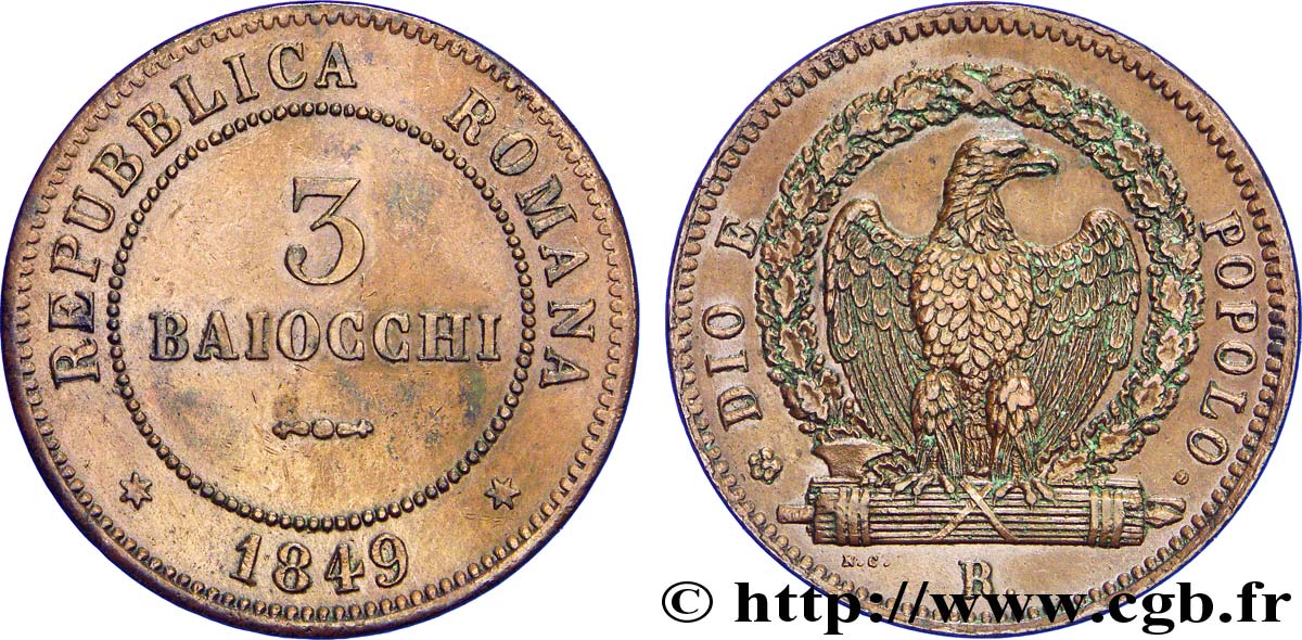 ITALIE - RÉPUBLIQUE ROMAINE 3 Baiocchi République Romaine aigle sur faisceaux type au “3” trapu 1849 Rome - R SUP 