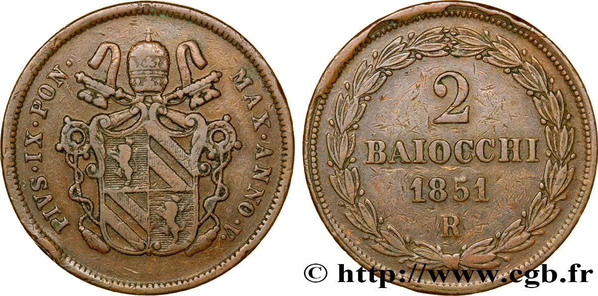 VATICAN AND PAPAL STATES 2 Baiocchi frappe au nom de Pie IX an V 1851 Rome VF 