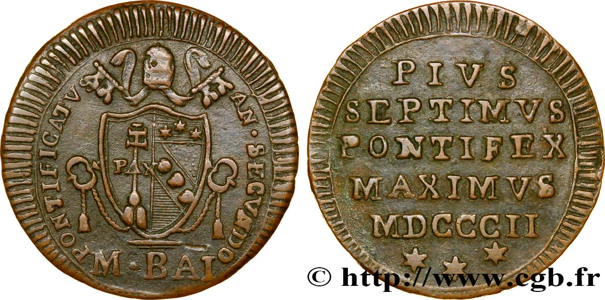 VATICAN ET ÉTATS PONTIFICAUX 1/2 Baiocco frappé au nom de Pie VII an II 1802 Rome TTB 