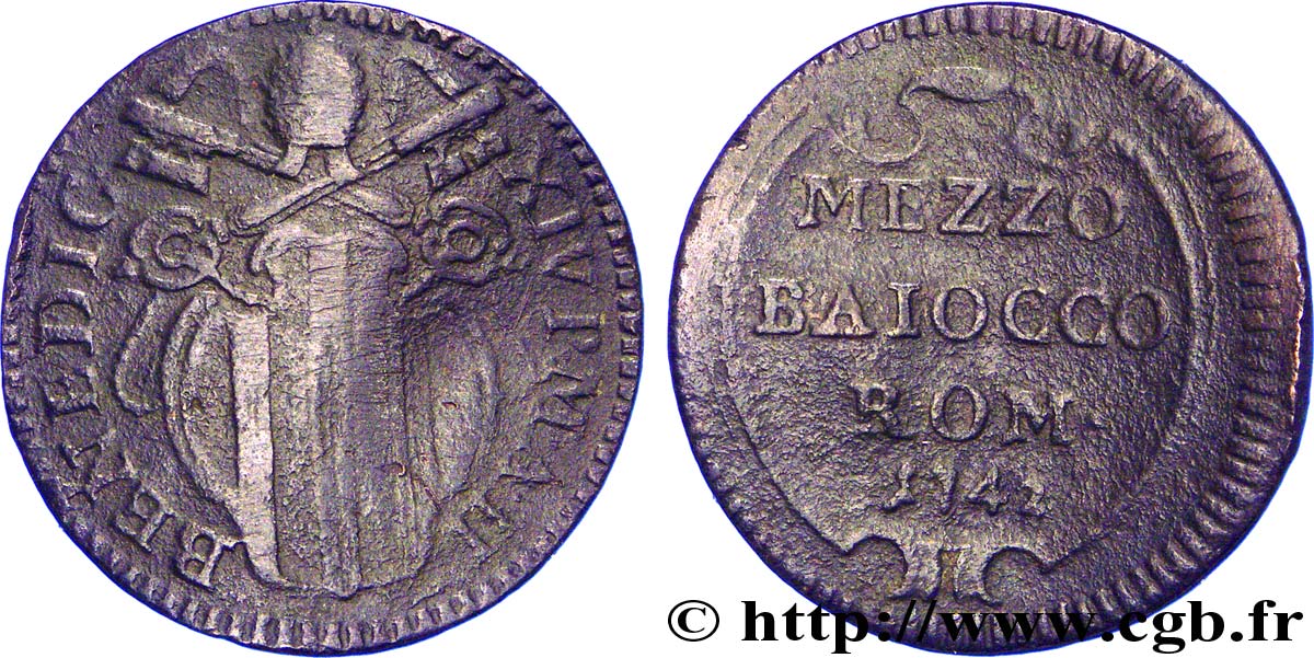 VATICAN ET ÉTATS PONTIFICAUX 1/2 Baiocco armes du vatican frappée au nom de Benoît XIV an II 1742  TB 