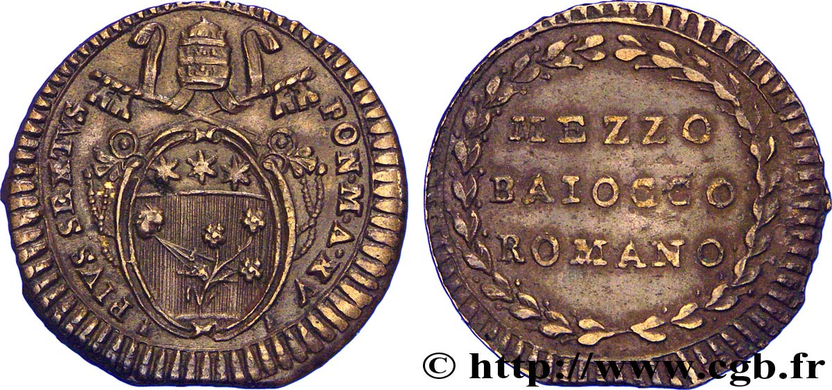 VATICAN ET ÉTATS PONTIFICAUX 1/2 Baiocco armes du vatican frappée au nom de Pie VI an XV 1789  TTB+ 