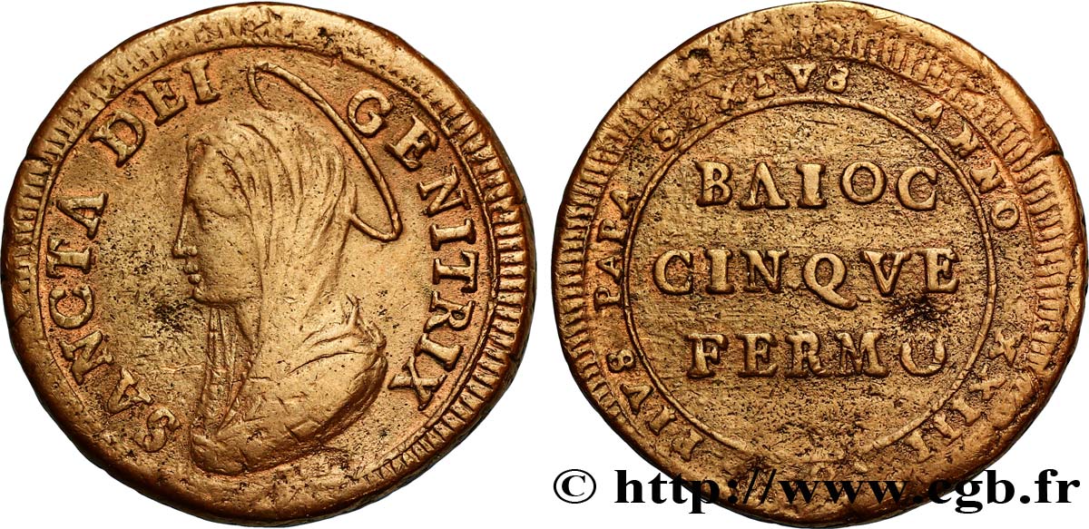 VATICAN ET ÉTATS PONTIFICAUX 5 Baiocchi ville de Civitavecchia frappe au nom de Pie VI an XXIII 1797 Civitavecchia TTB+