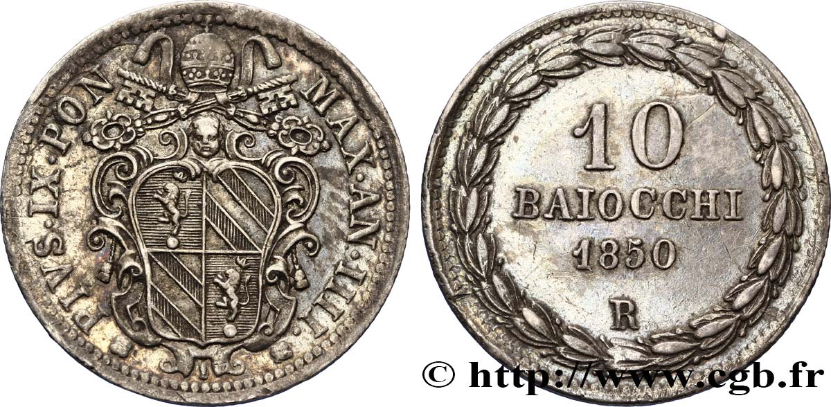 VATICAN AND PAPAL STATES 10 Baiocchi armes au nim de Pie IX an IIII 1850 Rome AU 