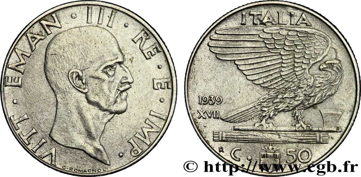ITALIE 50 Centesimi  Victor Emmanuel III an XVII / aigle sur faisceau 1939 Rome - R TTB+ 