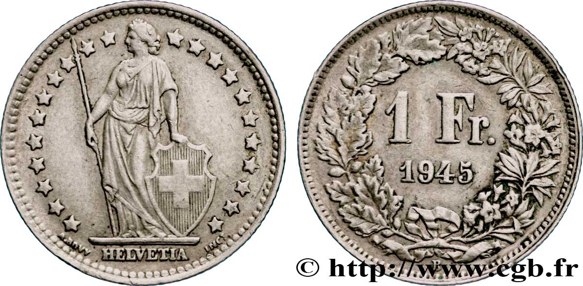 SWITZERLAND 1 Franc Helvetia 1945 Berne XF 