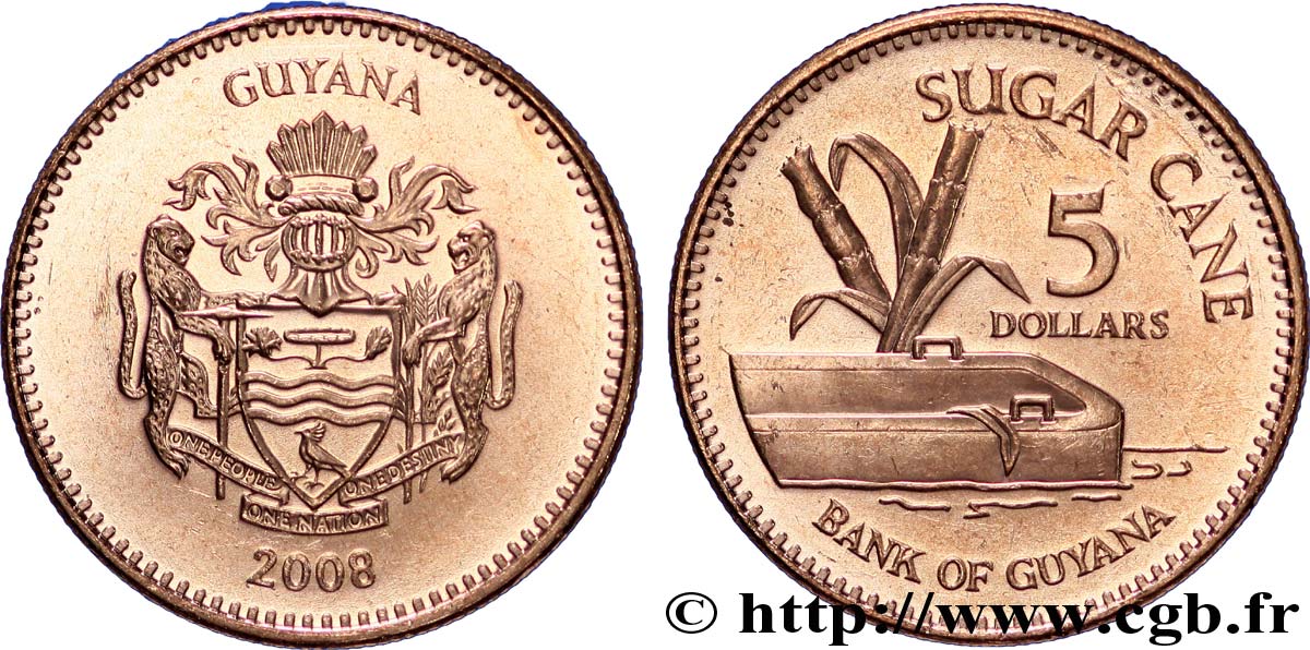 GUIANA 5 Dollars armes du Guyana / canne à sucre 2008  MS 