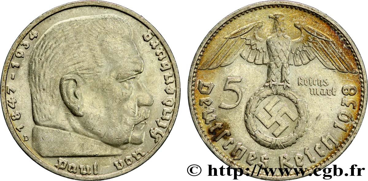 ALLEMAGNE 5 Reichsmark aigle surmontant une swastika / Maréchal Paul von Hindenburg 1938 Karlsruhe - G TTB+ 