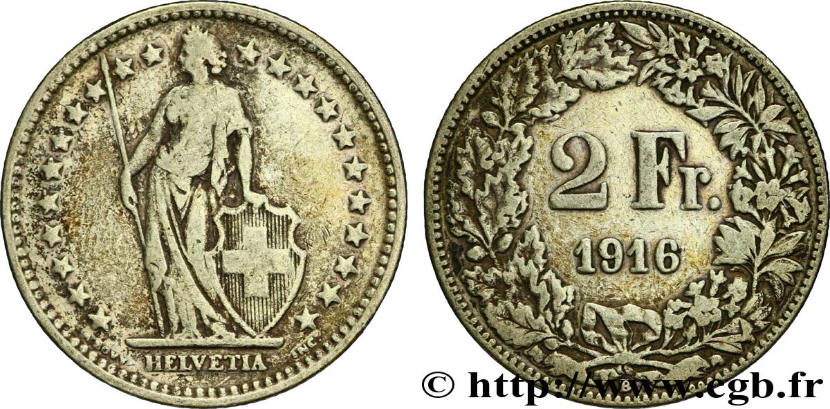 SUISSE 2 Francs Helvetia 1916 Berne - B TB 