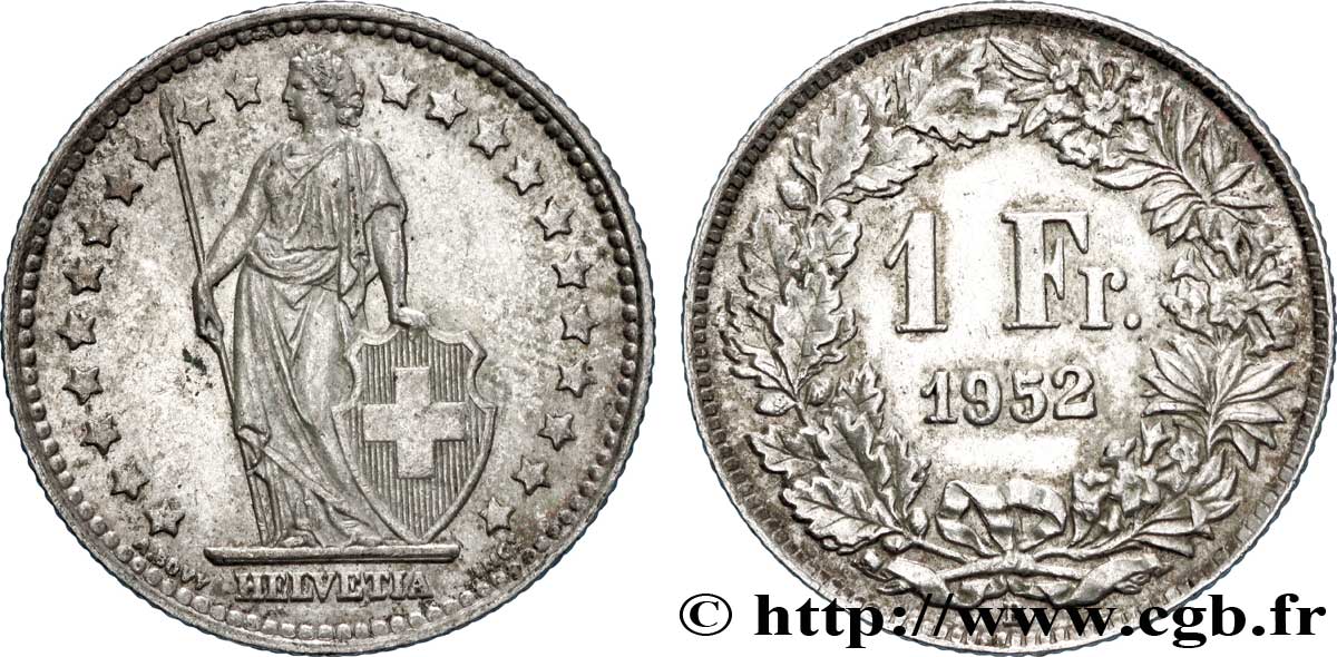 SUISSE 1 Franc Helvetia 1952 Berne - B TTB 
