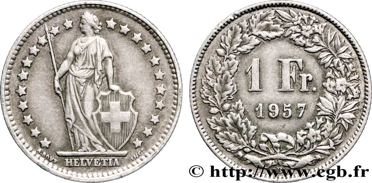 SWITZERLAND 1 Franc Helvetia 1957 Berne XF 