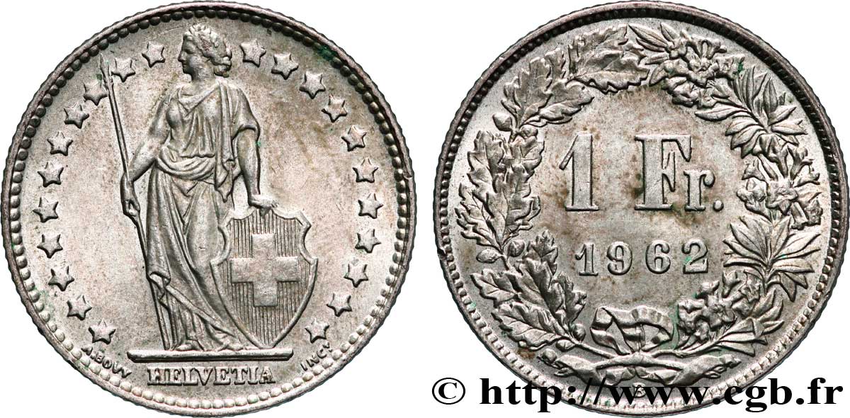 SWITZERLAND 1 Franc Helvetia 1962 Berne AU 
