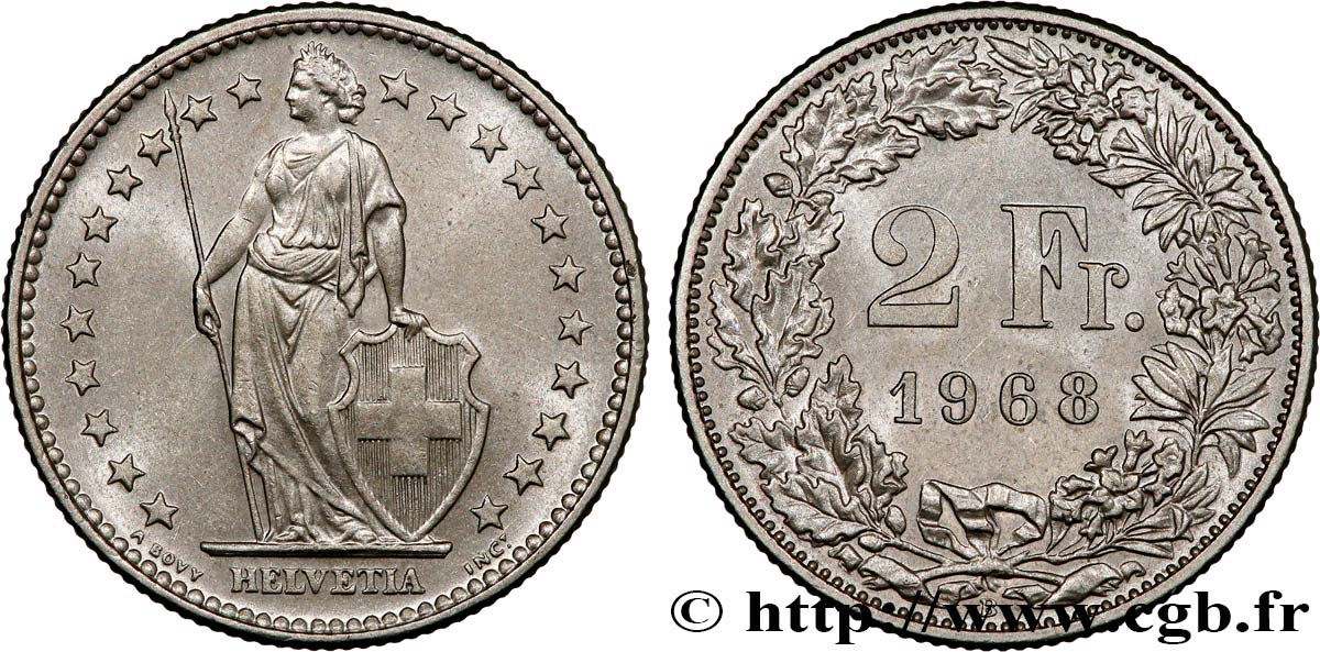 SUISSE 2 Francs Helvetia 1968 Berne SPL 