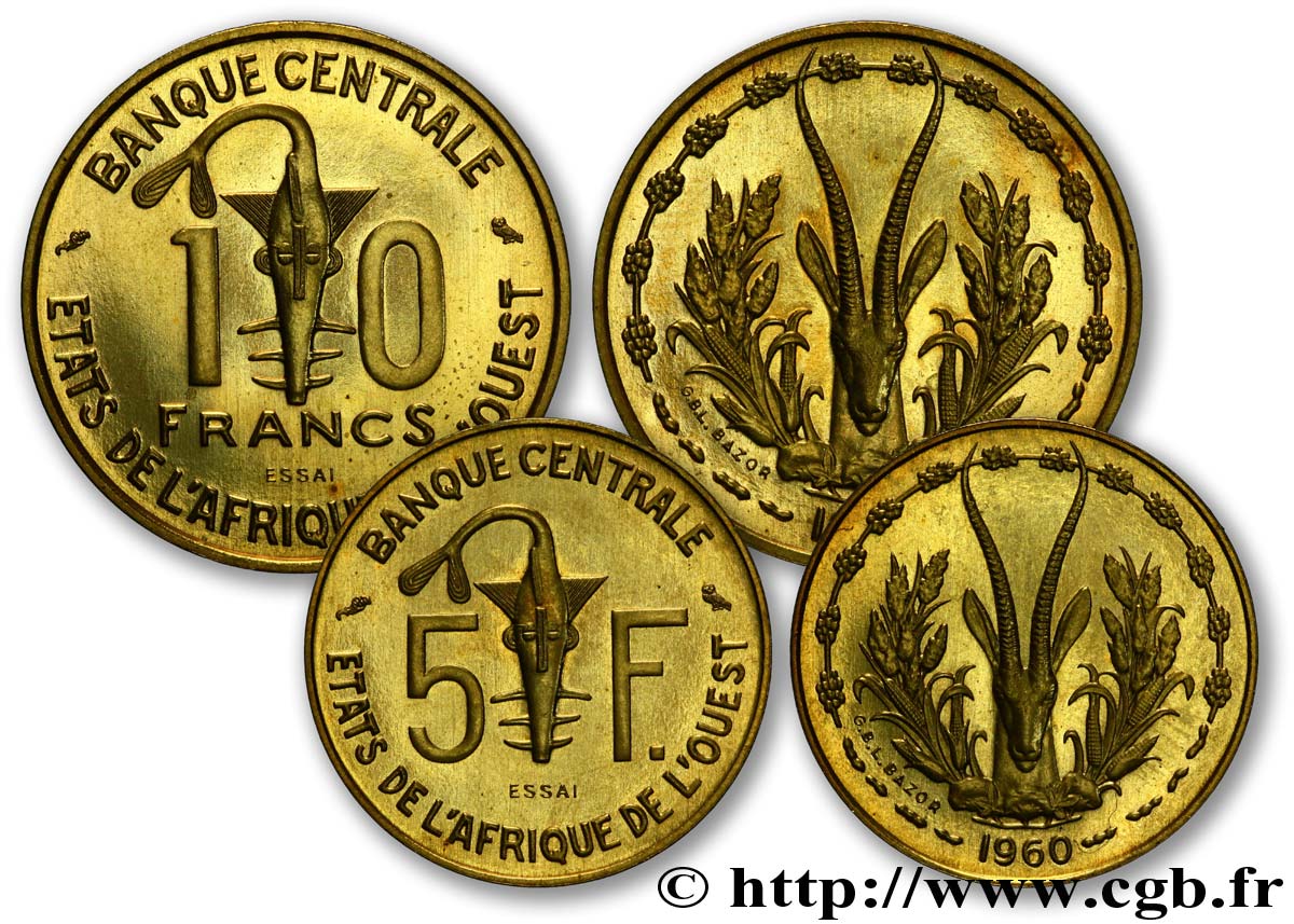 ÉTATS DE L AFRIQUE DE L OUEST (BCEAO) Boîte Essais 5 Francs 1960 +  25 Francs 1959 masque / antilope 1959-1960  FDC 