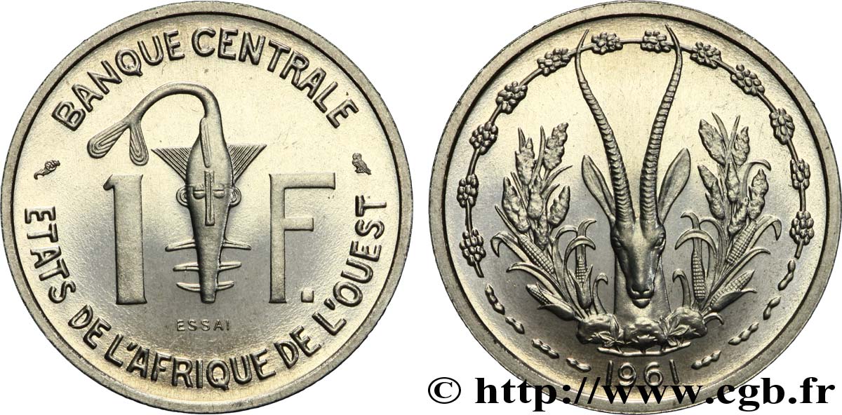 ÉTATS DE L AFRIQUE DE L OUEST (BCEAO) Essai 1 Franc masque / antilope 1961 Paris FDC 