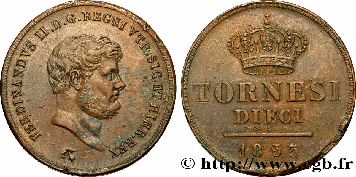 ITALIA - REINO DE LAS DOS SICILIAS 10 Tornesi Ferdinand II, roi de Naples et Sicile 1855  MBC+ 