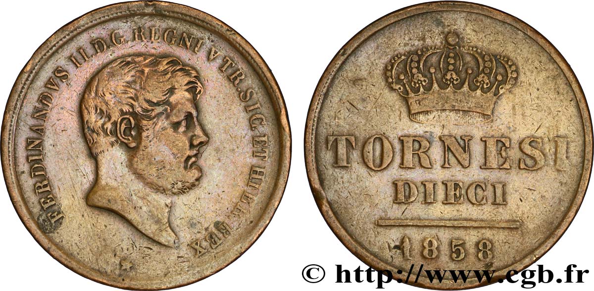 ITALIE - ROYAUME DES DEUX-SICILES 10 Tornesi Ferdinand II, roi de Naples et Sicile 1858  TB+ 