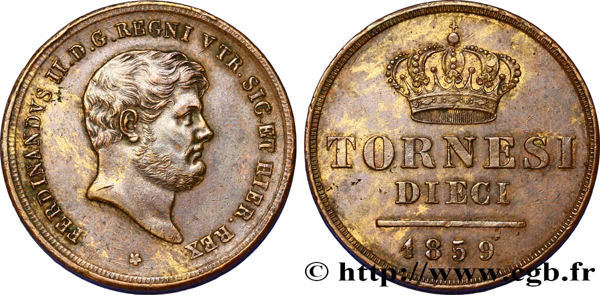 ITALIA - REINO DE LAS DOS SICILIAS 10 Tornesi Ferdinand II, roi de Naples et Sicile 1859  MBC+ 
