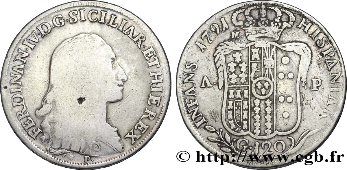 ITALY - KINGDOM OF NAPLES 1 Piastre de 120 Grana Ferdinand IV de Bourbon 1791 Naples VF 
