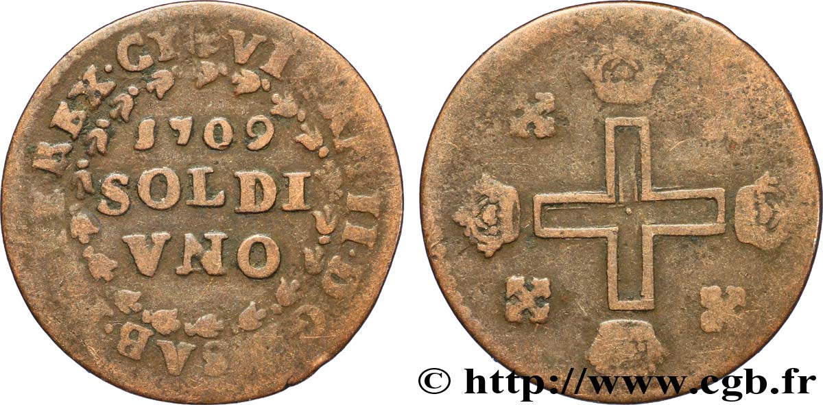 ITALIE - PIEMONT 1 Soldo (soldi) Charles Emmanuel II de Savoie 1709 Turin TB 