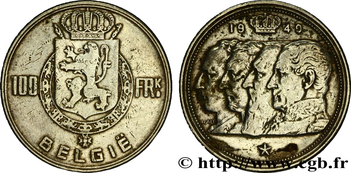 BELGIQUE 100 Francs armes au lion / portraits des quatre rois de Belgique, légende flamande 1949  TB+ 