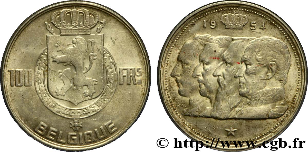 BELGIQUE 100 Francs armes au lion / portraits des quatre rois de Belgique, légende française 1954  TTB 