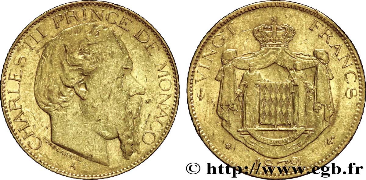 MONACO 20 Francs or, Charles III / écu couronné, ancre non barrée 1879 Paris TTB 