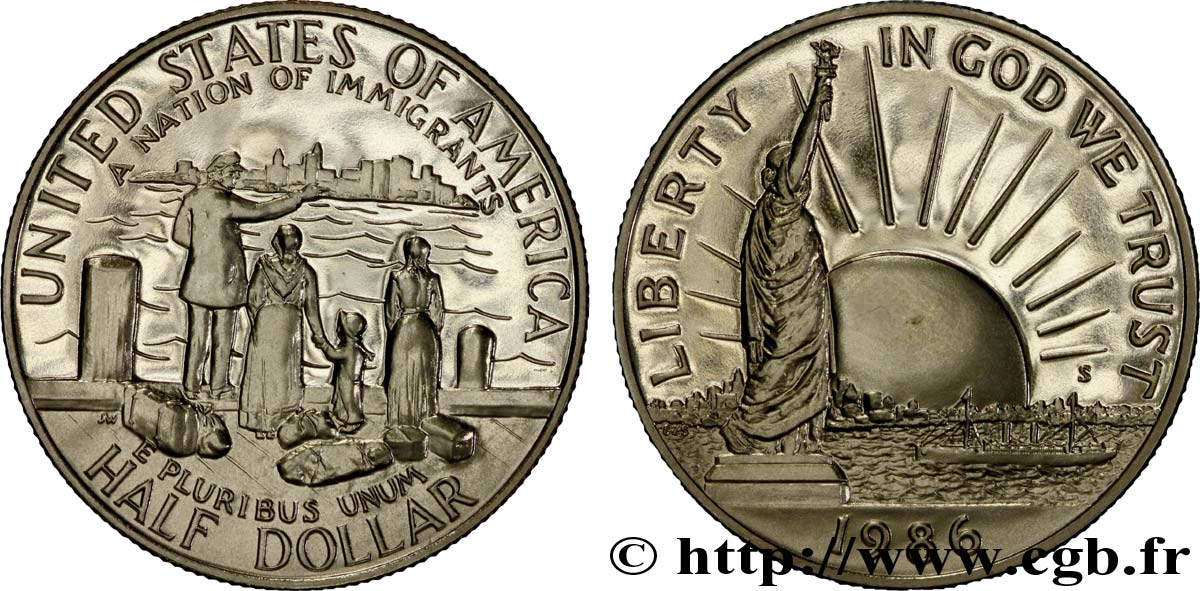 ÉTATS-UNIS D AMÉRIQUE 1/2 Dollar BE statue de la Liberté / immigrants 1986 San Francisco - S SPL 