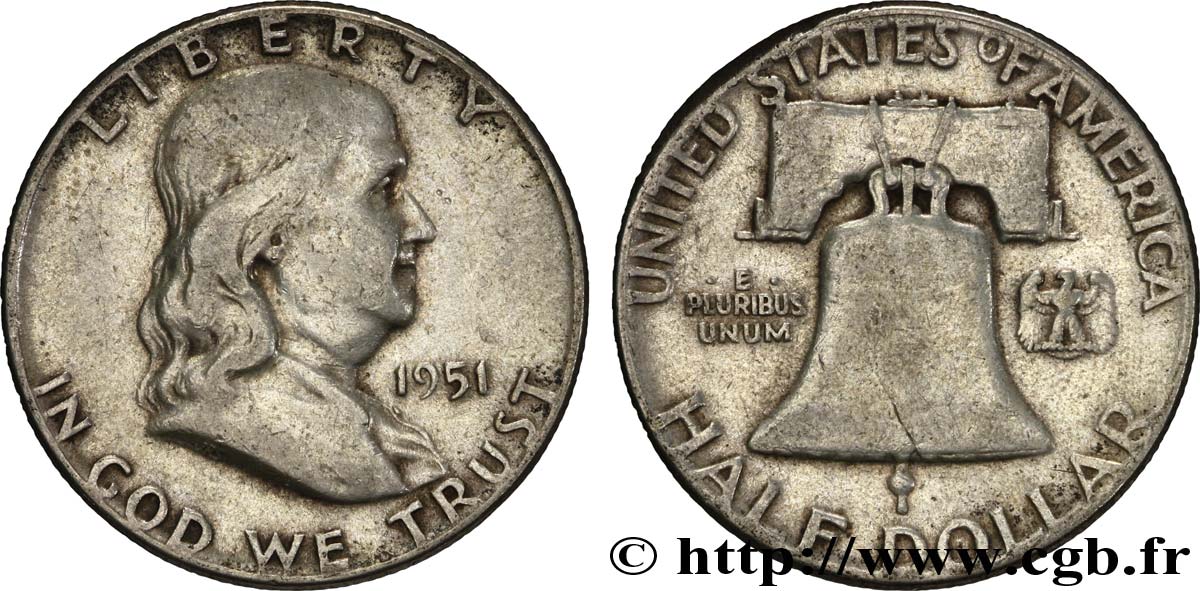 ÉTATS-UNIS D AMÉRIQUE 1/2 Dollar Benjamin Franklin 1951 Philadelphie TB 