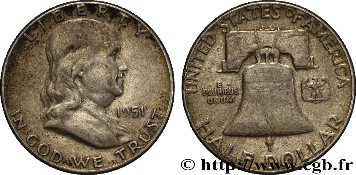 ÉTATS-UNIS D AMÉRIQUE 1/2 Dollar Benjamin Franklin 1951 Philadelphie TB+ 