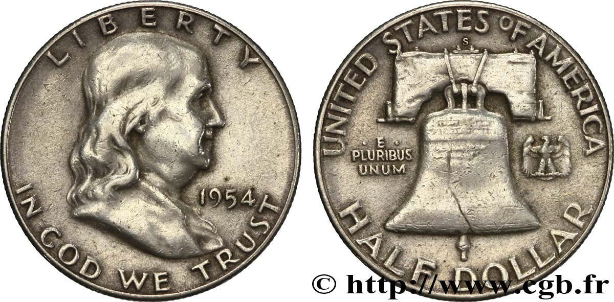 ÉTATS-UNIS D AMÉRIQUE 1/2 Dollar Benjamin Franklin 1954 San Francisco TB+ 