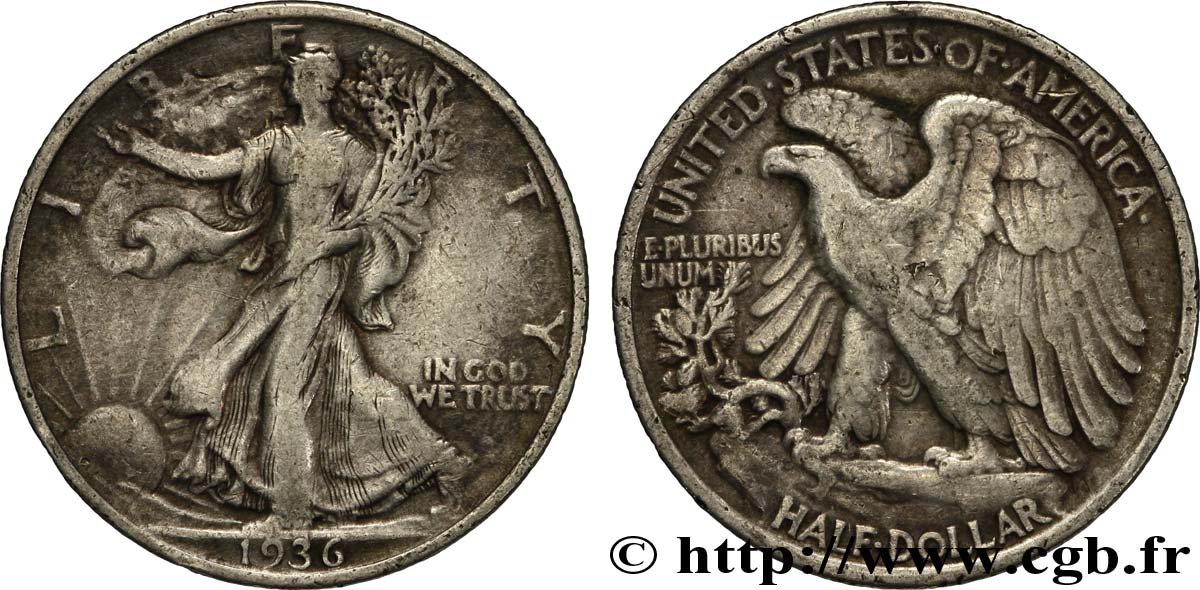 ÉTATS-UNIS D AMÉRIQUE 1/2 Dollar Walking Liberty 1936 Philadelphie TB+ 