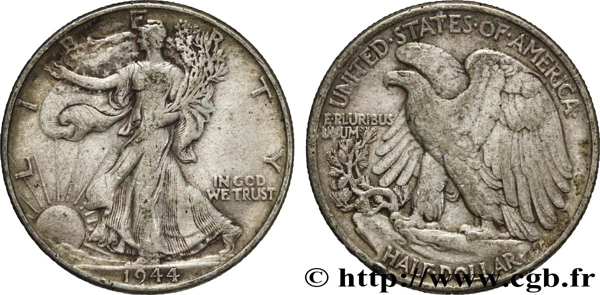 ÉTATS-UNIS D AMÉRIQUE 1/2 Dollar Walking Liberty 1944 Philadelphie TB+ 