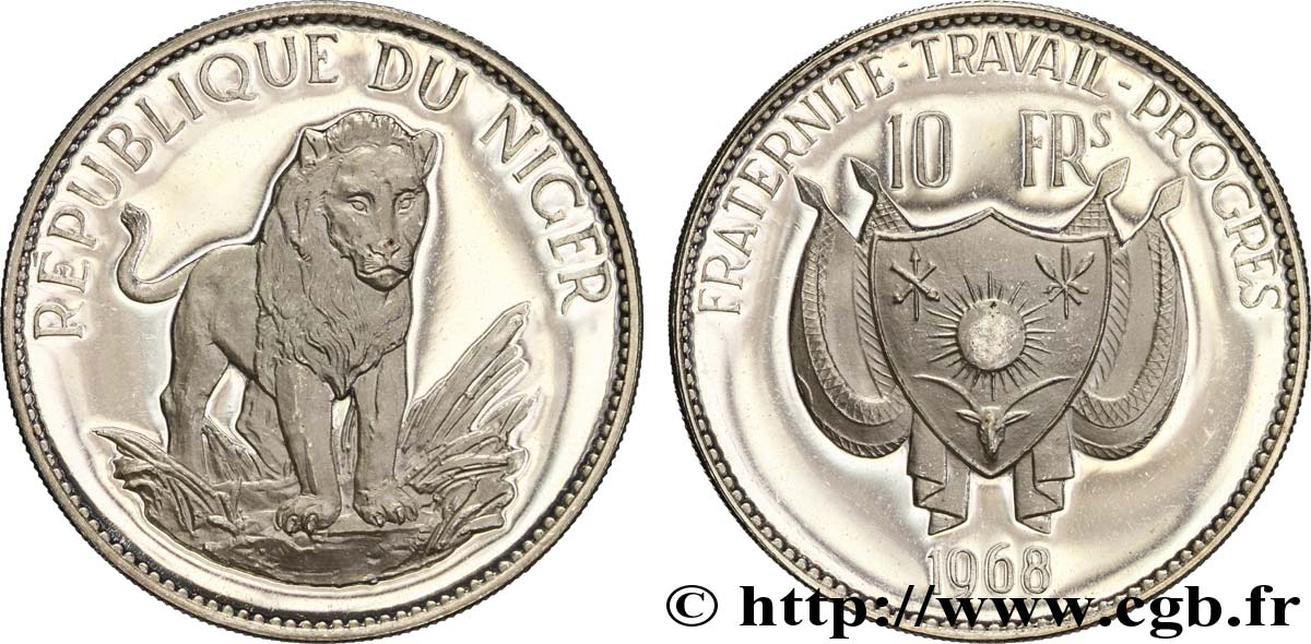 NIGER 10 Francs lion / emblème 1968  SPL 