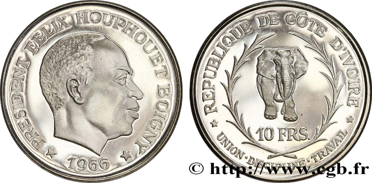COTE D IVOIRE 10 Francs Félix Houphouet Boigny / éléphant 1966  SPL 