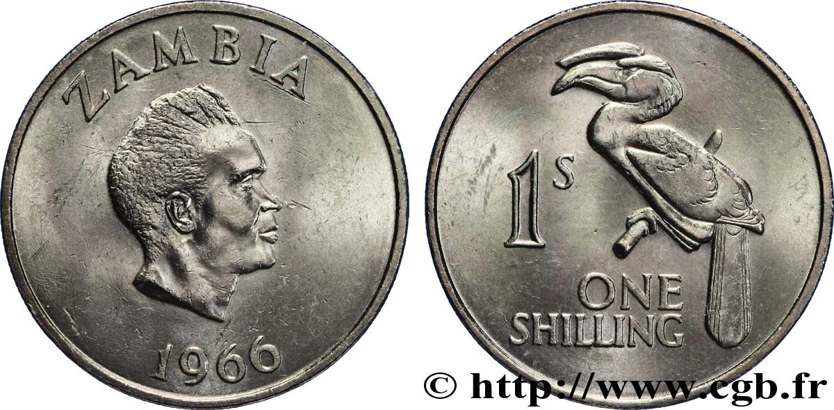 ZAMBIE 1 Shilling Président Kaunda / calao couronné 1966  SPL 