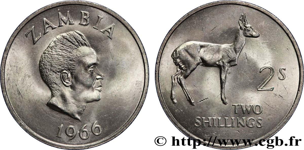 ZAMBIE 2 Shillings Président Kaunda / cobe des roseaux (antilope) 1966  SUP 
