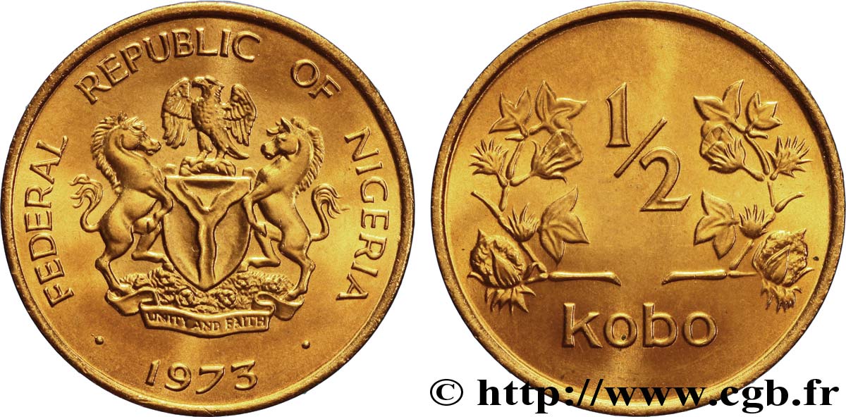 NIGERIA 1/2 Kobo emblème / fleurs 1973  SPL 