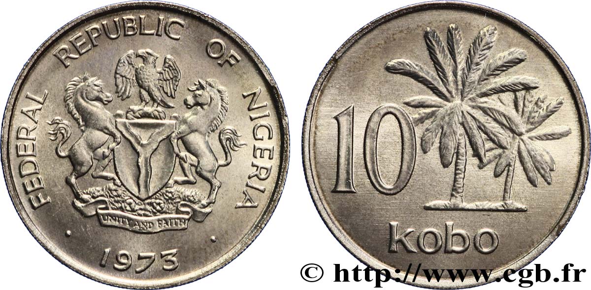 NIGERIA 10 Kobo emblème / palmiers 1973  SPL 