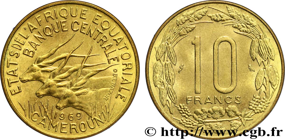 ÉTATS DE L AFRIQUE ÉQUATORIALE 10 Francs antilopes 1969 Paris SPL 